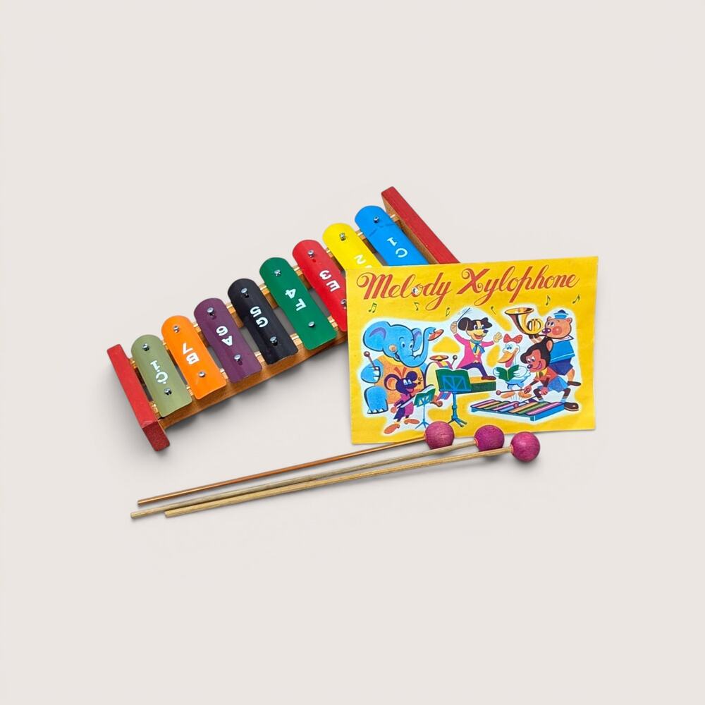 Vintage Taiyo Melody Xylophone Toy With Music Sheet And Drumsticks